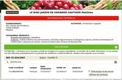 Le site de l'OC donne accès au certificat en cours de validité, et à quelques archives.
